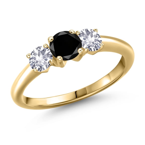 Gem Stone King 10K Yellow Gold Black Diamond and White Created Sapphire Engagement Ring for Women | 1.05 Cttw | Round 5MM | Gemstone April Birthstone | Size 7