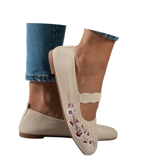 Chaussures Légères pour Femmes en Maille Tricotée Brodée à Enfiler, Bout Rond, Espadrilles Plates, Usage Quotidien