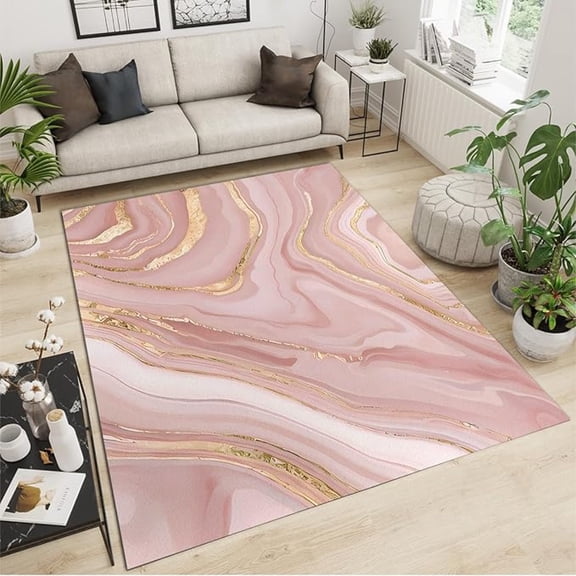 Rose Gold Pink Fluid Marble Area Rug, Luxury Gilded Texture Stripes Washable Rugs, With Non-Slip Backing Indoor Carpet For Living Room Bedroom Dining Room 1x2ft