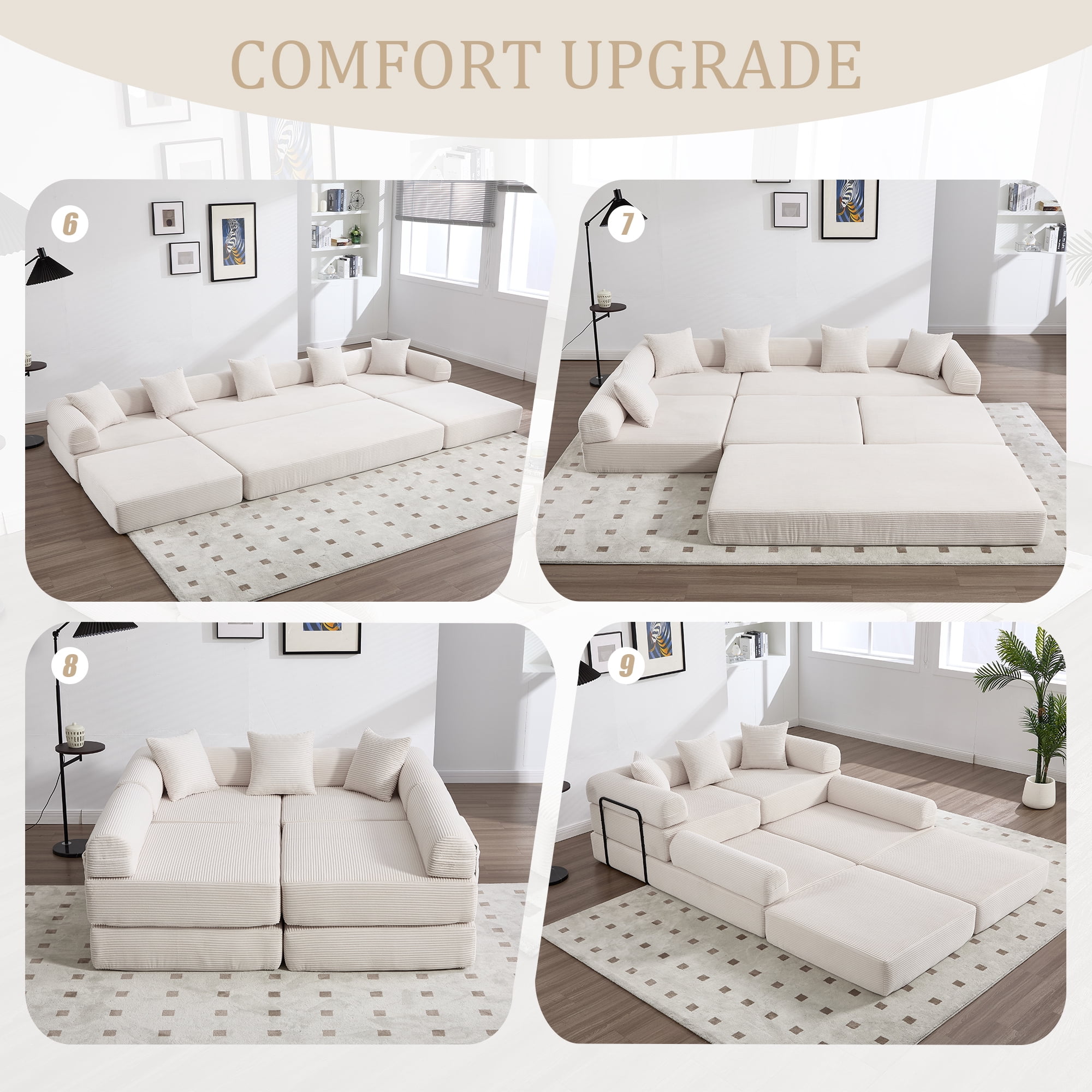 MOONMISS Corduroy Upholstered Convertible Folding Sofa Bed with Fixed Frame and Pillow Back Handrail-Beige