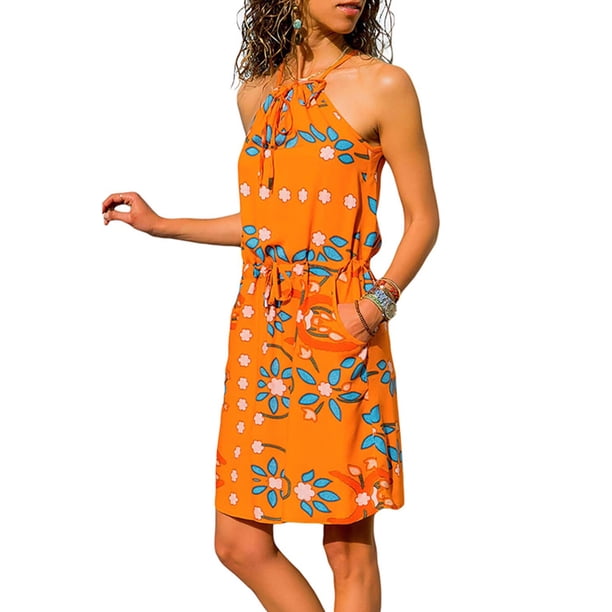 HiMONE - Sleeveless Halter Neck Beach Dresses For Women Spaghetti Strap