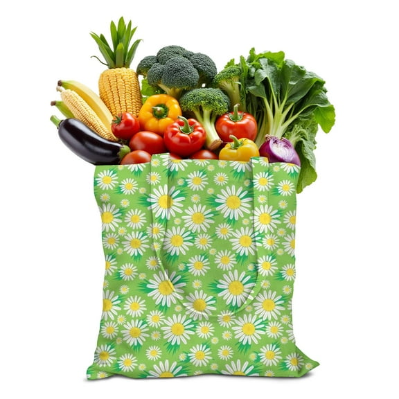 Vintage Daisy Print Reusable Grocery Tote Bag – Large Canvas Shopping Bag with Boho Floral Watercolor Design, Eco-Friendly & Heavy-Duty Market Tote for Women, Farmers Market, Beach, Spring & Summer