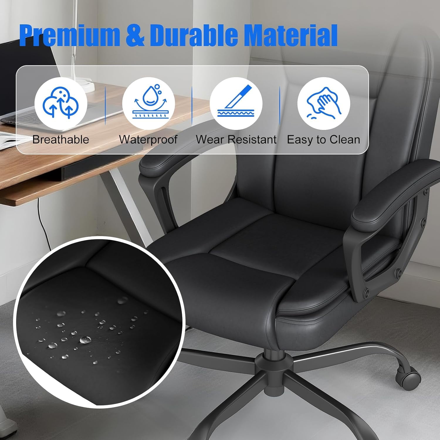 Ergonomic Mid-Back Gaming & Office Chair with Adjustable Height – PU Leather, Black with Blue Accents, Lumbar Support, Rolling Swivel Base for Home Office & Gaming