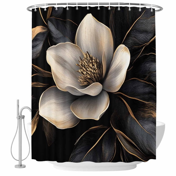 Black Gold Flower Shower Curtain Set - 48" x 72" Washable Bathtub Curtain with 12 Hooks, Gradient Luxurious Floral Botanical Waterproof Fabric Stall Shower Curtains for Bathroom/Bathtub Décor
