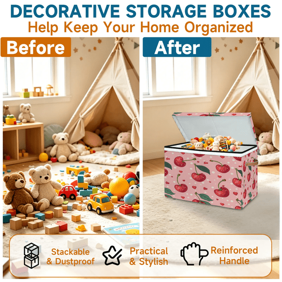 Herdesigns Cherry Large Storage Box Chest with Lid & Divider, Collapsible Containers Baskets Cube, Living Room, Bedroom, 25 x 13 x 16 Inch