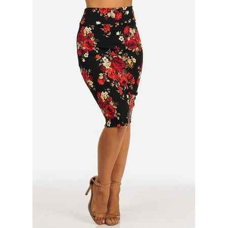 Eurotard Pull On Skirt - Womens Juniors Careerwear Office Wear to Work High Waisted Pull On Red Floral Print Pencil Bodycon Midi Skirt 20174U