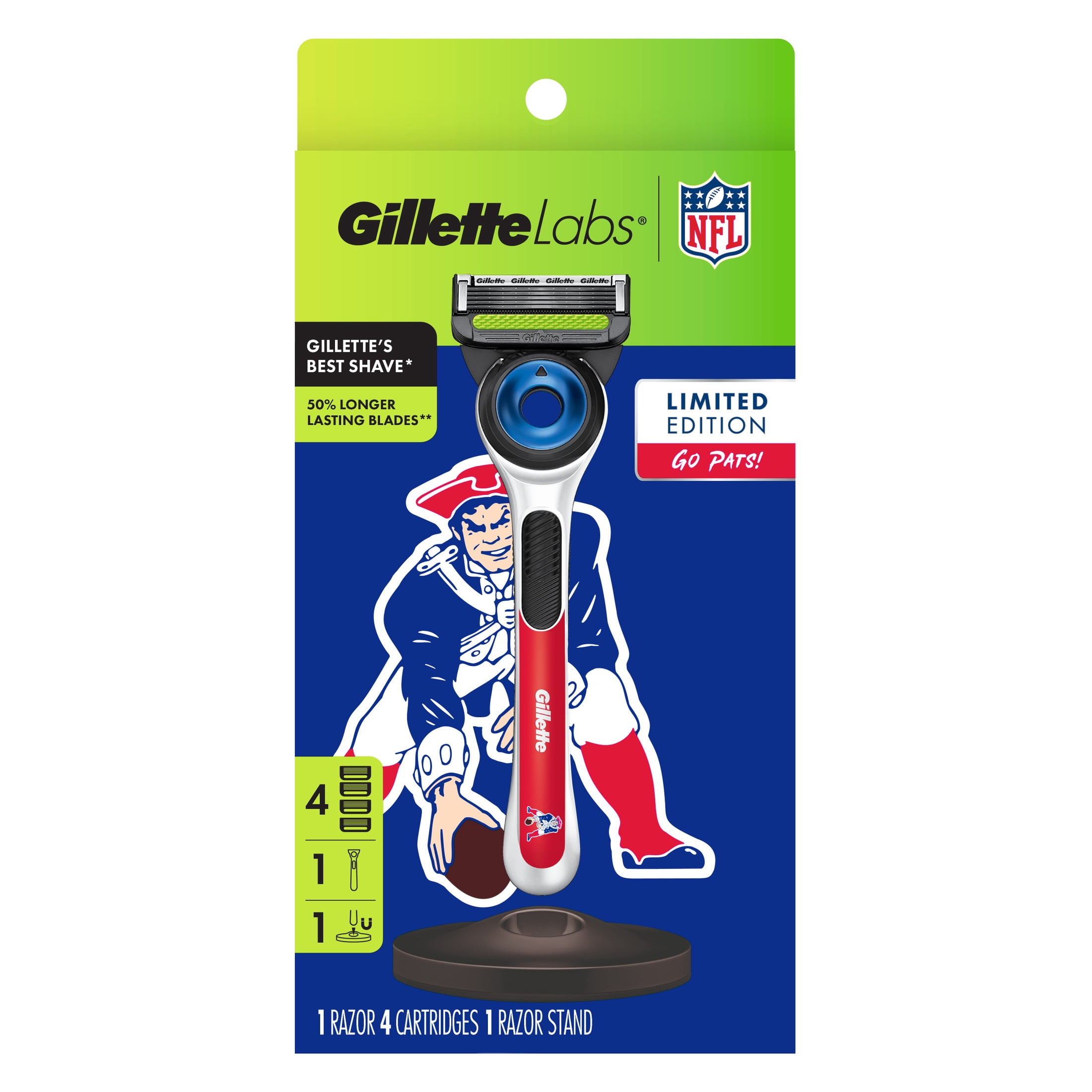 Gillette Labs Official Patriots Licensed Razor for Men, Perfect for Game Day Grooming, Gillette Labs with Exfoliating Bar, 1 Handle, 4 Blade Refills, with Magnetic Stand