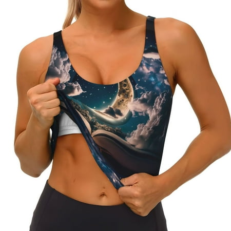 Qokaie Artistic Starry Sky Moon Book Pattern Womens Scoop Neck Sports Bra Breathable Workout Vest Padded U Back Medium Impact Fitness Gym Yoga Bra Workout Crop Top
