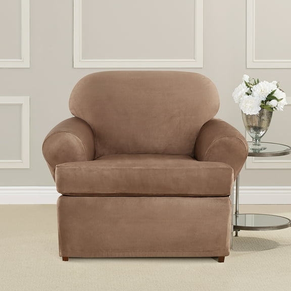 SureFit Ultimate Stretch Suede Chair Slipcover, Two-Piece, Luggage Brown T-Cushion Chair Cover