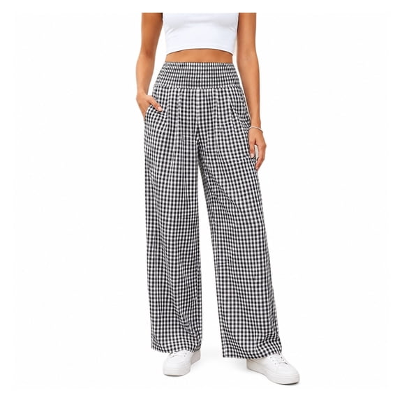 Wevis Women Elastic High Waist Gingham Wide Leg Pants, Loose Plaid Palazzo Trousers with Side Pockets Casual Daily Bottoms