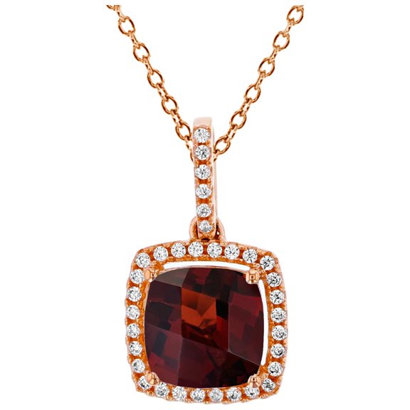 Decadence Sterling Silver Rose 7mm Cushion Garnet & 1mm Rnd Cr White Sapphire Halo 18" Necklace
