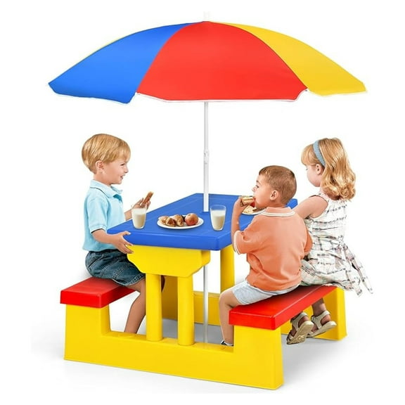 Kids Picnic Table, Toddler Plastic Outdoor Table & Set with Umbrella, Children Patio Furniture Set for Backyard Garden, Kids Picnic Tables for Outdoors, Gift for Boys Girls Age 3 