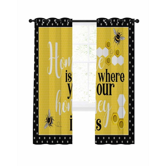 Yellow Bees Blackout Curtains, Light Blocking Print Window Curtains, Spring Summer Watercolor Honey Textured Thermal Insulated Window Drapes for Living Room Kitchen Cafe 2 Panels, 55"W x 39"L
