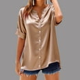 thumbnail image 3 of Oksale Satin Button Down Blouses for Women Dressy Business Short Sleeve Summer Tops Loose Casual V Neck Stretch Shirts Lightweight Outfits Gold XXL, 3 of 5