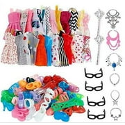 Kavelle Home INC 32 Item/set Doll Accessories=10 Pcs Doll Clothes Dress+4 Glasses+6 Plastic Necklace+2 Handbag+10 Pairs Shoes For Barbie Doll