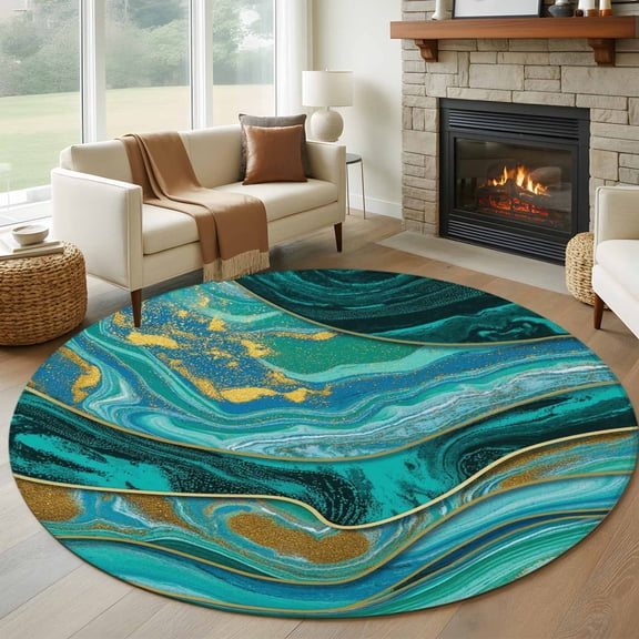 Large Round Rug 8Ft Washable Non-Slip, Dark Green Marble Circle Area Rugs for Living Room Bedroom, Modern Abstract Art Marble Fluid Indoor Floor Mats Carpet Runner for Home Decor