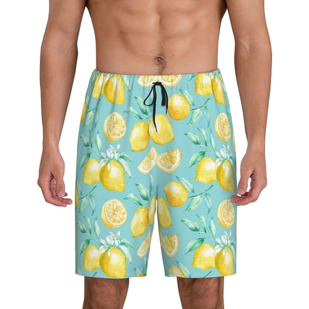 Balery Yellow Lemon Pantalones cortos de pijama de punto de algodón para hombre con cinturilla y bolsillos-Medium