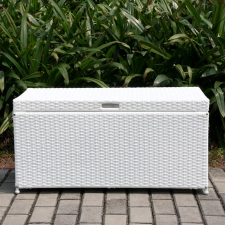 40" White Resin Wicker Outdoor Patio Garden Hinged Lidded Storage Deck Box