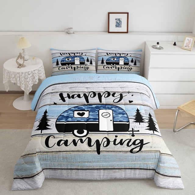 Erosebridal Camper Bedding Sets King with Comforter, Cartoon RV Car Duvet Insert, Happy Camping Decor, Reversible 3 Pieces