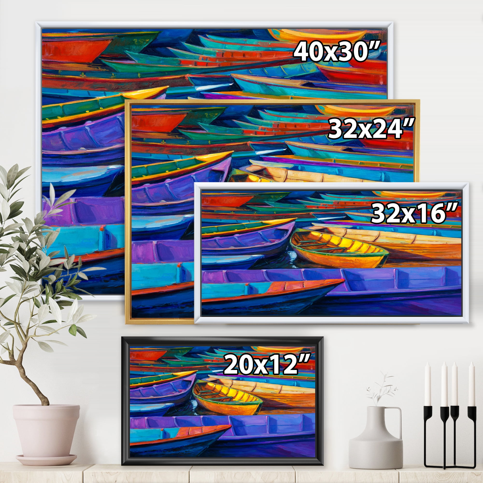 Designart 'Boats During Warm Sunset Resting On The Water II' Nautical & Coastal Framed Canvas Wall Art Print