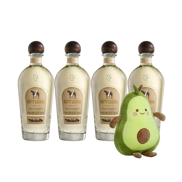 Pack de 4 Tequila 7 Leguas Reposado 1 L 7 Leguas + Peluche Aguacate 27 cm