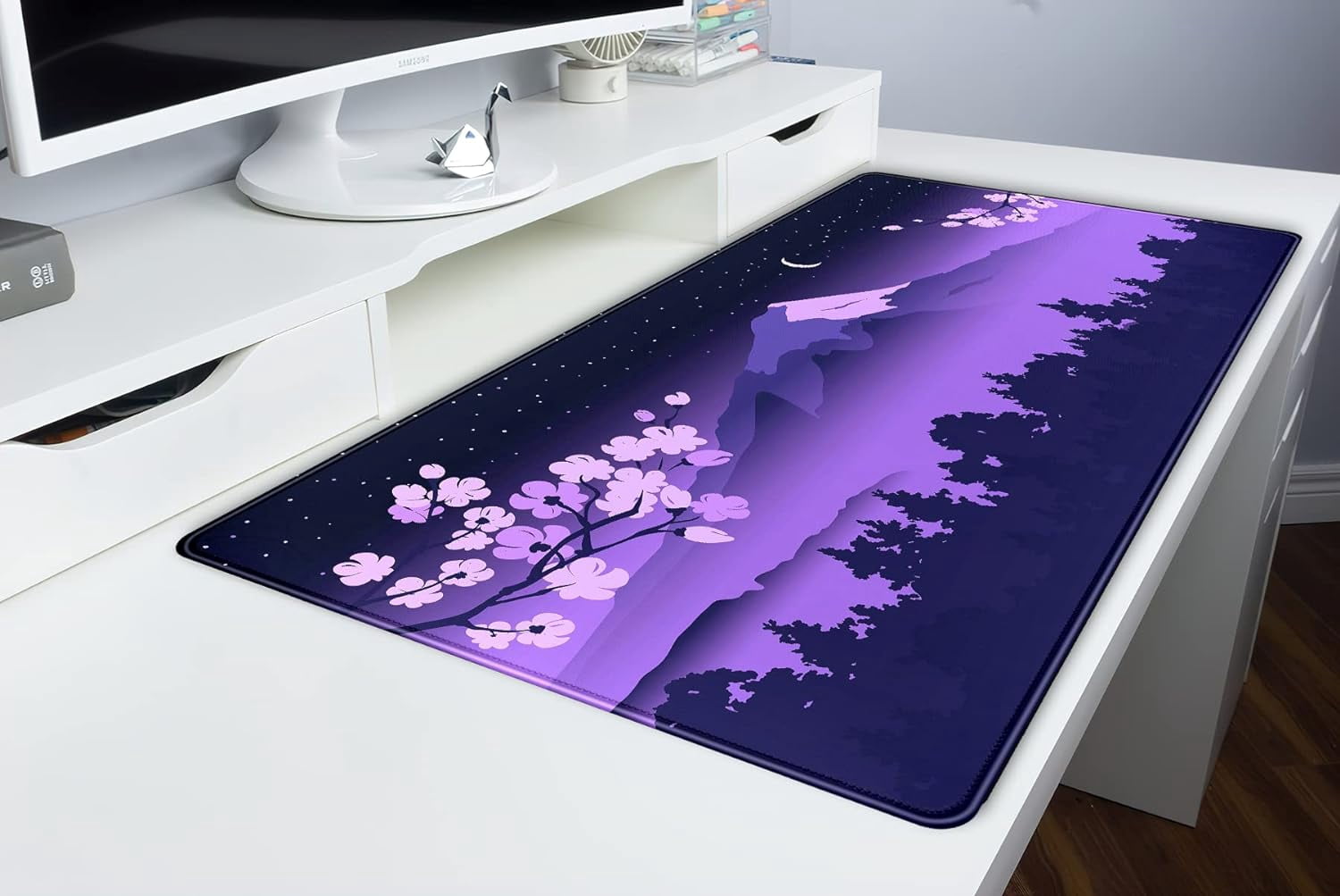 Purple Desk Mat Japanese Desk Pad Cute Fuji Mountain Gaming Mousepad Large, Cherry Blossom Mouse Pad XXL Desk Mats, Kawaii Anime Deskmats Desktop Protector Laptop Keyboard Mat Pad 31.5x15.75 in