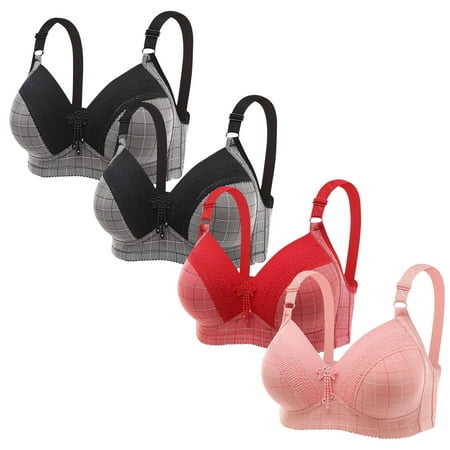 Lisbinx Bras for Women Full Coverage 4PC Women Plus Size Lace Stitching Plaid Printing Non-Steel Ring Non-Magnetic Buckle Underwear Bra Holiday Deals