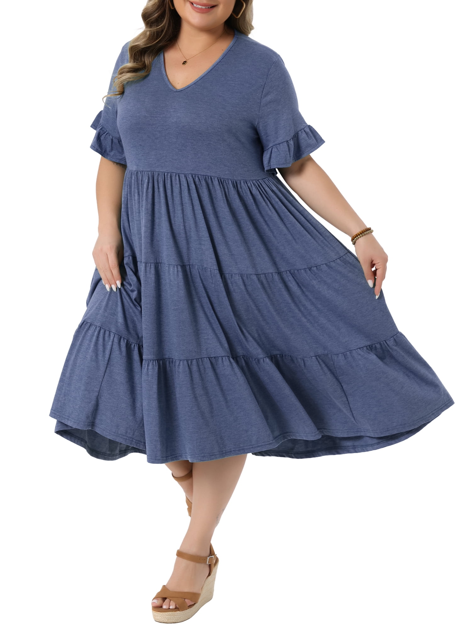 DARING DIVA Women's Plus Size Babydoll V Neck Ruffle Sleeve Swing Tiered Dress 3X Blue