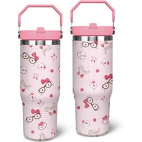 Cartoon Hello Pink Cat 30oz Tumbler with Handle Cute Kawaii Water Bottle for Girl Women Stainless Steel Insulated Travel Coffee Cup with Straw and Lid