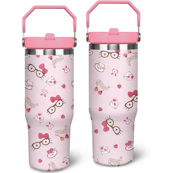 Cartoon Hello Pink Cat 30oz Tumbler with Handle Cute Kawaii Water Bottle for Girl Women Stainless Steel Insulated Travel Coffee Cup with Straw and Lid