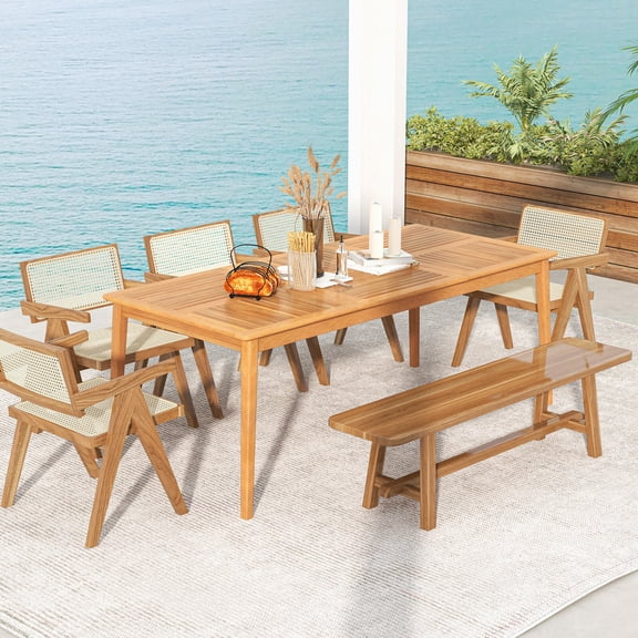 8-Person Outdoor Acacia Wood Dining Table with Umbrella Hole, Rectangular Patio Table