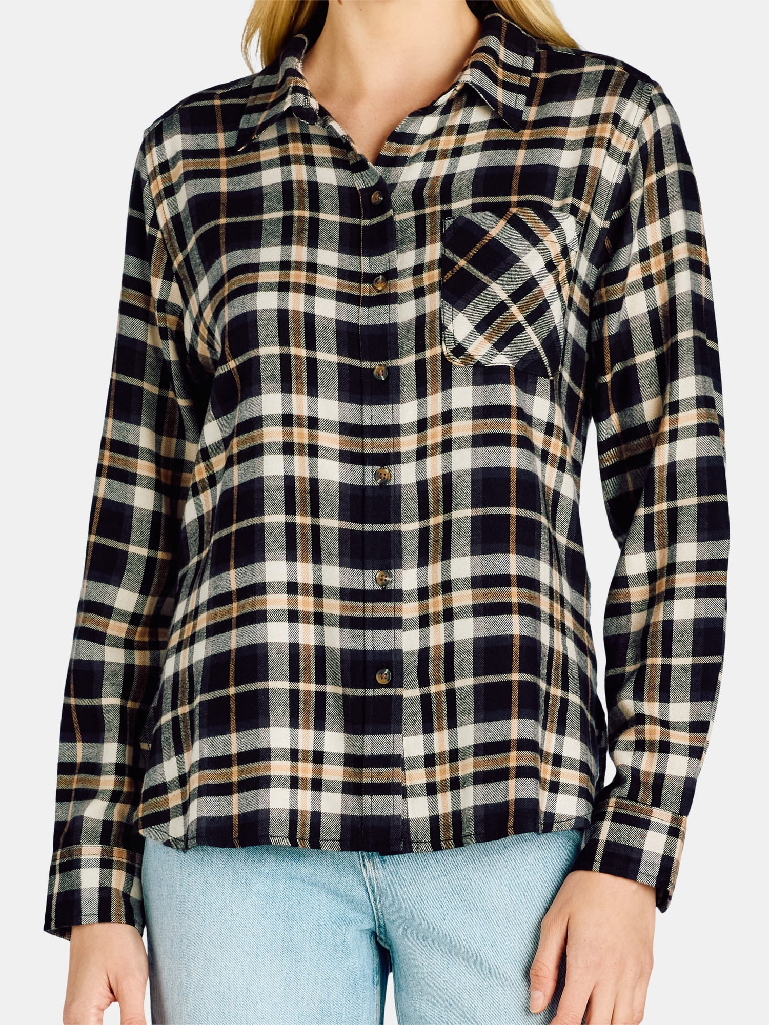 Time and Tru Women's Flannel Shirt with Long Sleeves, Sizes S-XXXL
