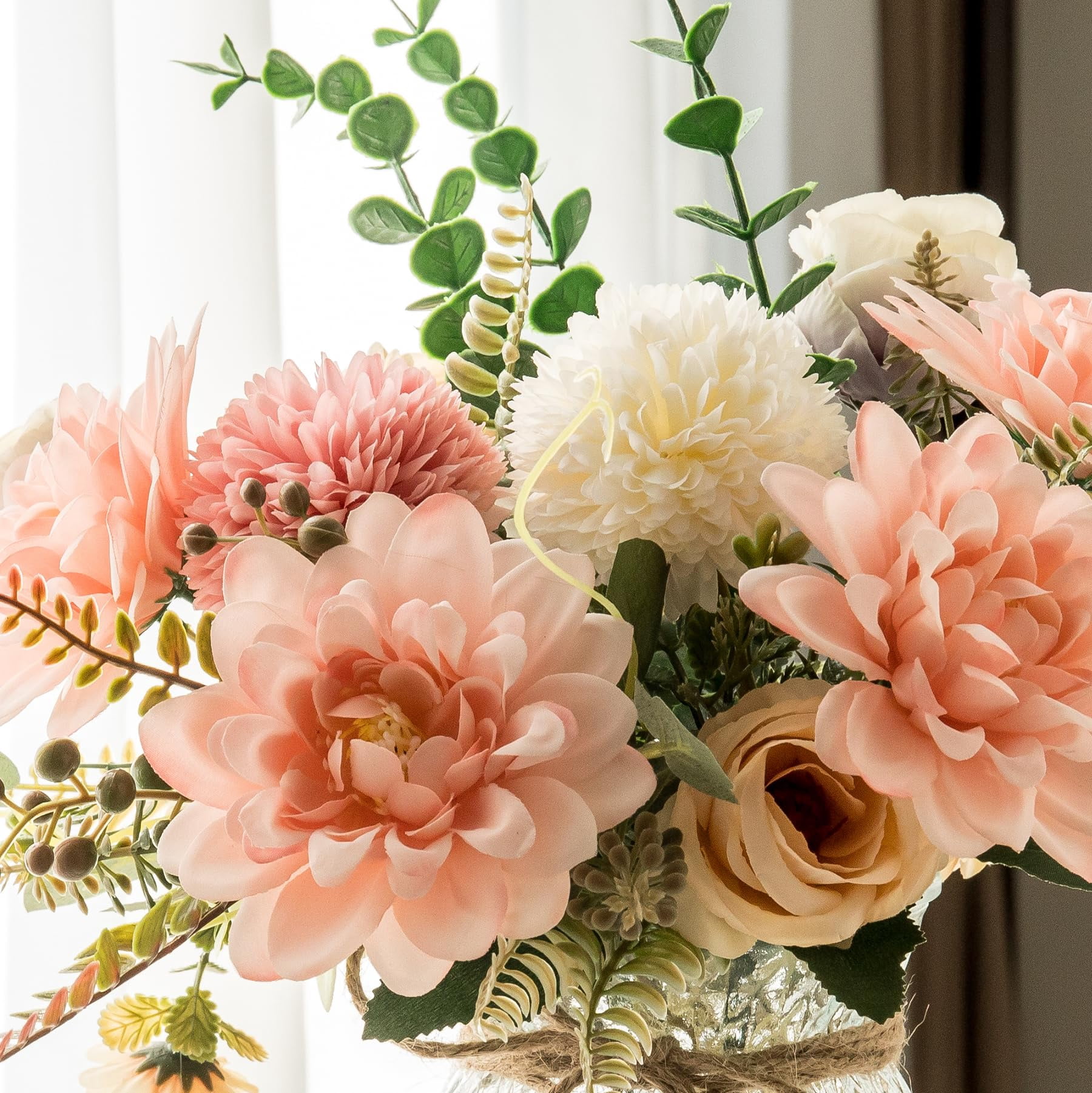 Silk Dahlia Fake Flowers in Vase, Pink Artificial Flowers for Home Decor, Faux Floral Arrangement with Glass Vase for Coffee Table Centerpiece Living Room Bathroom Office Décor, Pink