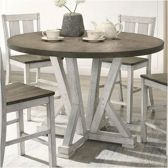 JERFIT 48 Inch Round Counter Height Dining Table Farmhouse Pedestal Base Two-Tone Antique White and Ash Brown Solid Wood Kitchen Table