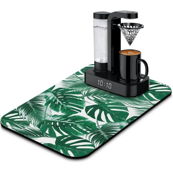 Coffee Maker Bar Mat Countertop,Dish Drying Mat,Bar Drying Mat,Absorbent Hide Stain Anti-Slip Coffee Bar Accessories Fit Under Coffee Machine Mat 19inx12in Green plants