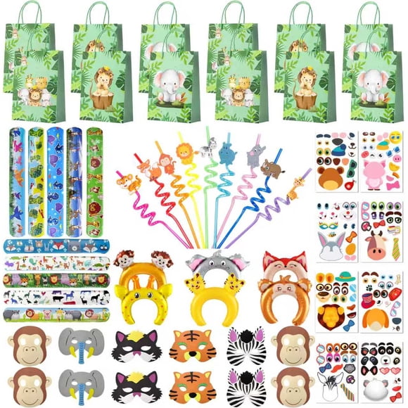 Jungle Animal Party Favors, 60pcs All-in-OneJungle Safari Party Favors Set - Safari Gift Bags Slap Bracelet Masks Stickers etc Animal Themed Party Favors for Safari Birthday Decorations