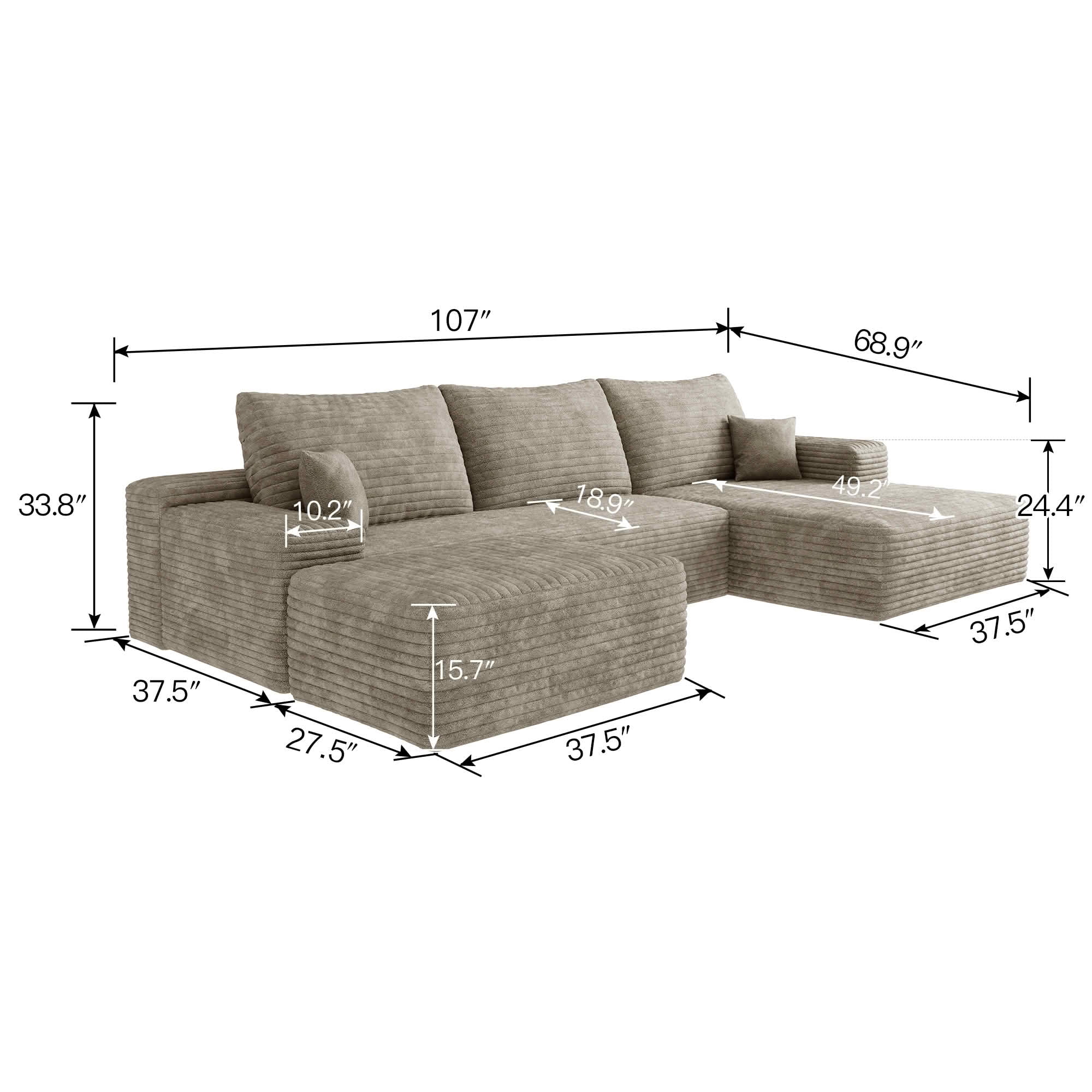 MAYEERTY 107 Inch U‑Shaped Cloud Modular Sectional Sofa with 1 Ottoman, Modern Deep‑Seat Corner Couch, Plush Corduroy Reversible Sofa, No‑Assembly for Living Room Bedroom Apartment