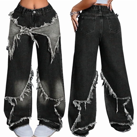 Women Y2K Baggy Jeans Girls Star Patchwork Wide Leg Raw Hem Denim Pants Hip Hop Streetwear Preppy Clothes