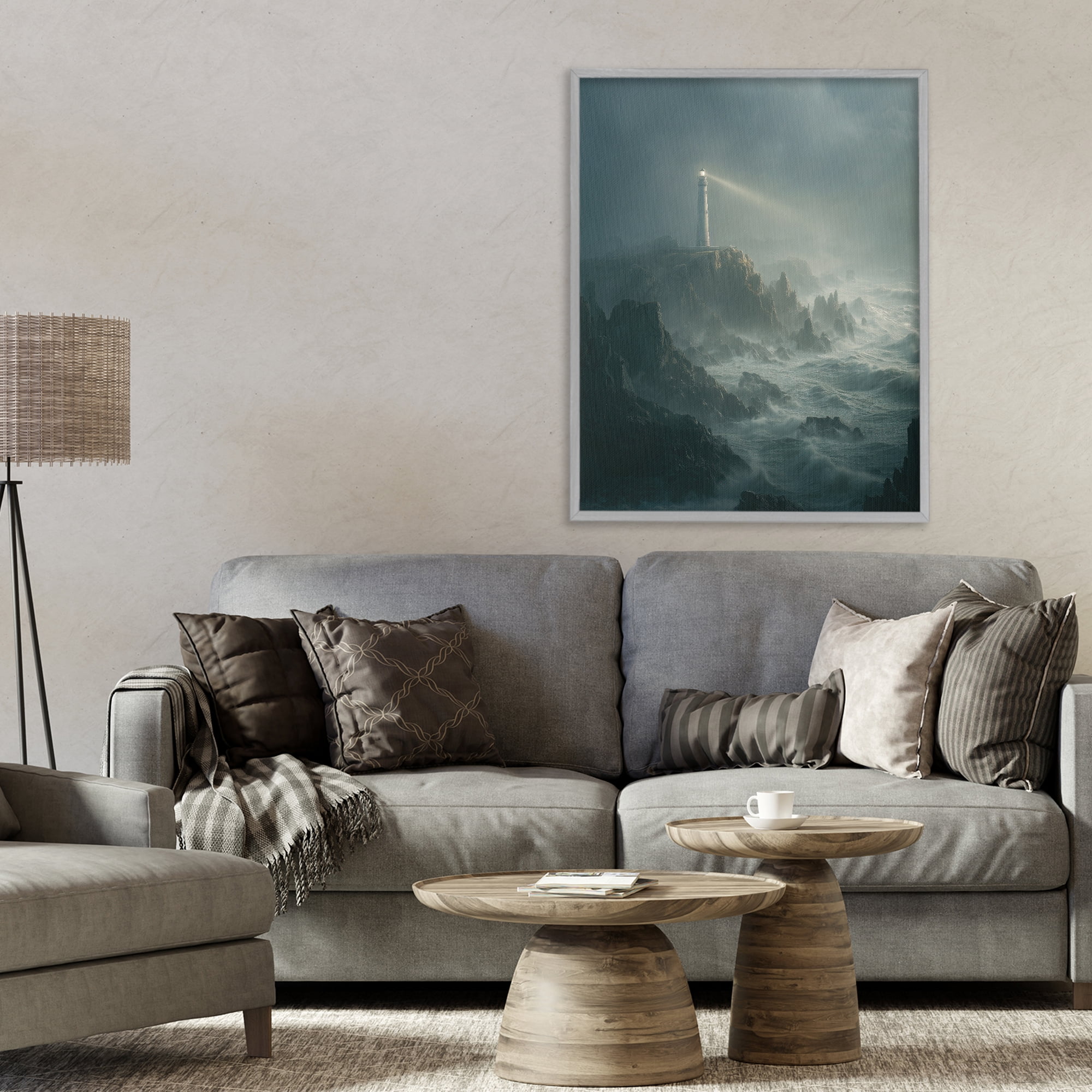 Lighthouse and Stormy Cliff Gray Framed Giclee Art, design by Ziwei Li