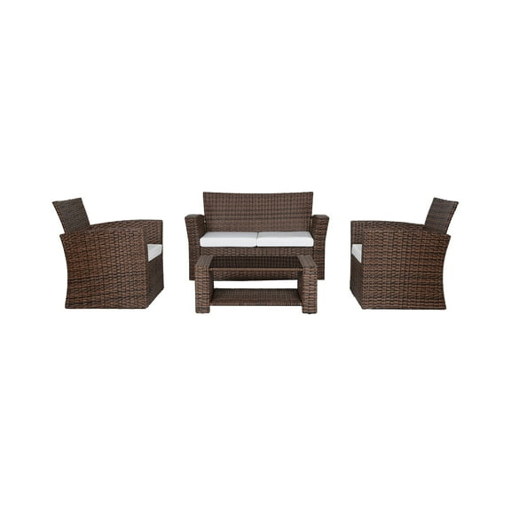 WestinTrends 4pc Outdoor Furniture Conversation Sofa Set with Loveseat, Cofee Table and Cushions, All Weather UV Resistant Rattan Wicker Patio Chairs, Brown/White