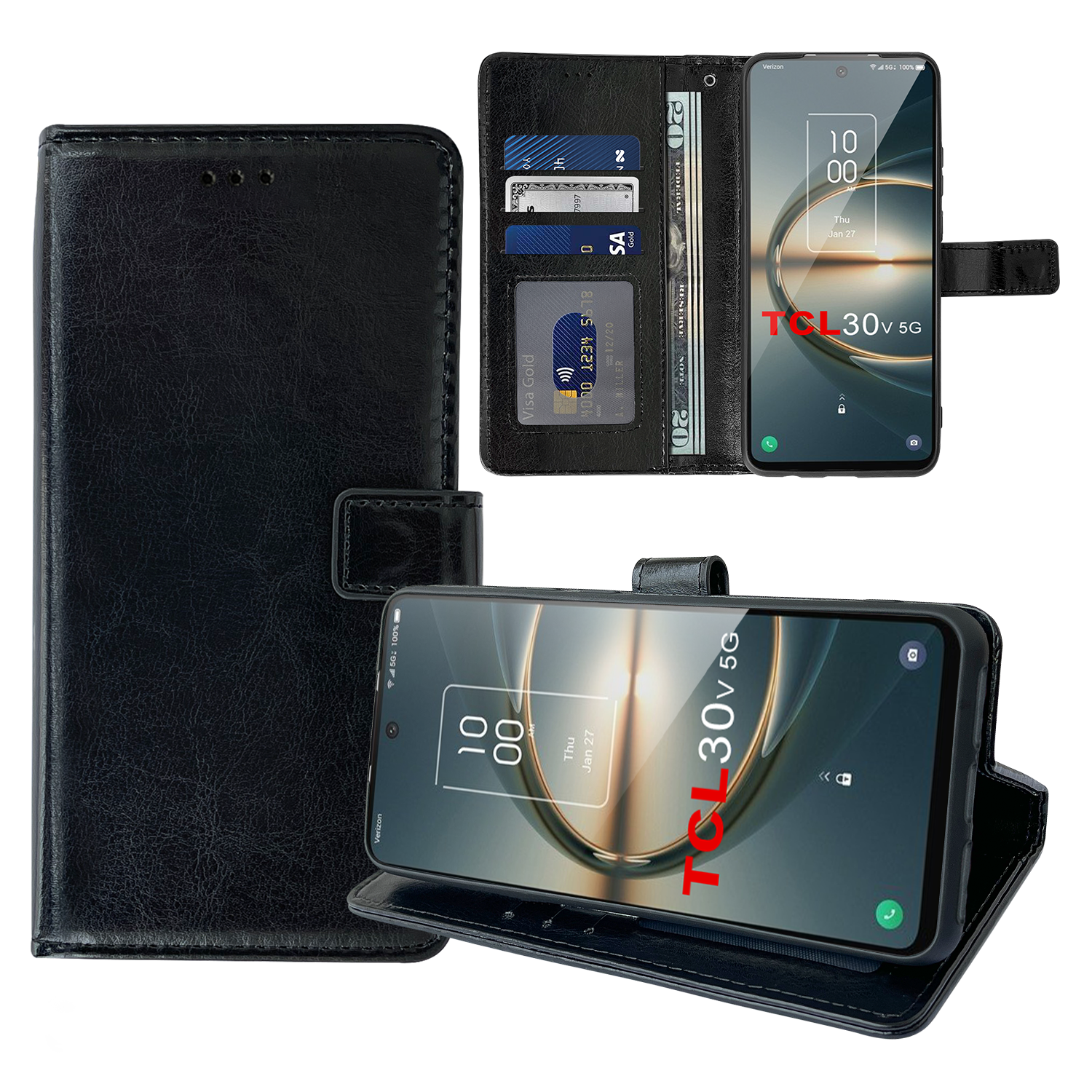 Cover Portafoglio Per TCL 30 V 5G – Custodia Flip In Pelle Con Slot Carte E Funzione Stand, Antiurto E Slim, Colore Nero