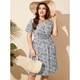 thumbnail image 2 of SHOWMALL Women's Plus Size Casual Summer Dress with Pockets, Crossover V Neck Beach Party Dress, Grey Sakura 5X Soft Breathable High Waist Sun Dress, 2 of 7