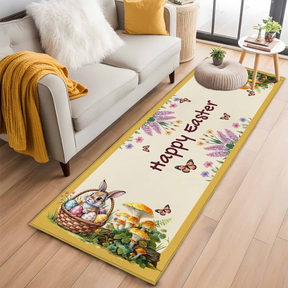 Happy Easter 2'x6' Runner Rugs for Hallway Kitchen Bedside Non Slip Washable, Rabbit Eggs Spring Mushrooms Flowers Yellow Entryway Rug Runners with Rubber Backing, Long Carpet Runner for Laundry Room