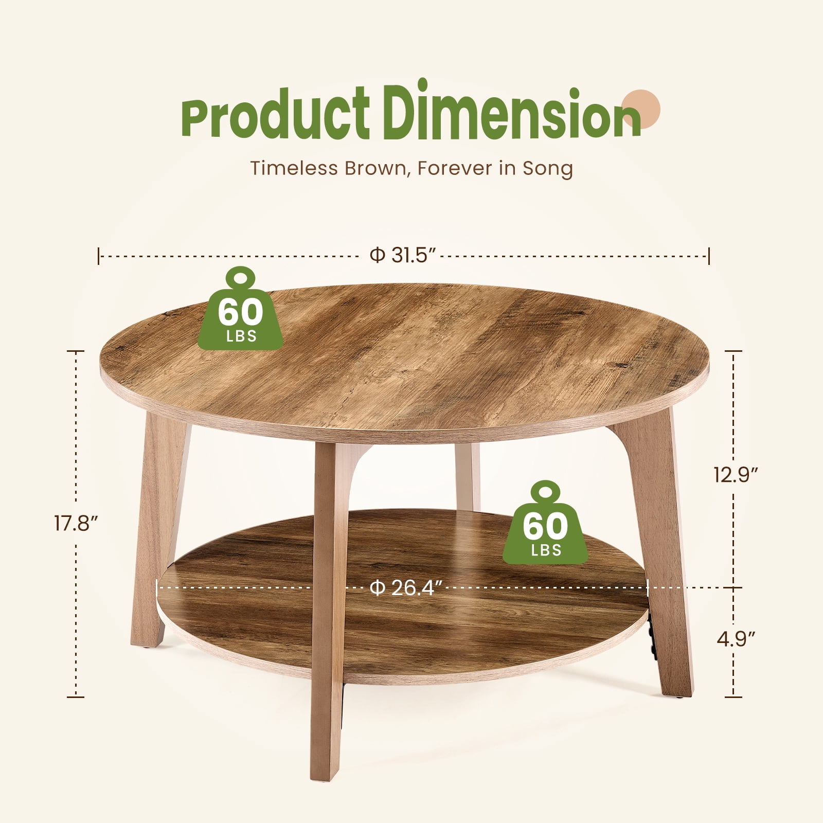 EDX Round Coffee Table, 2 Tier Coffee Table with Storage, for Living Room，Honey Brown