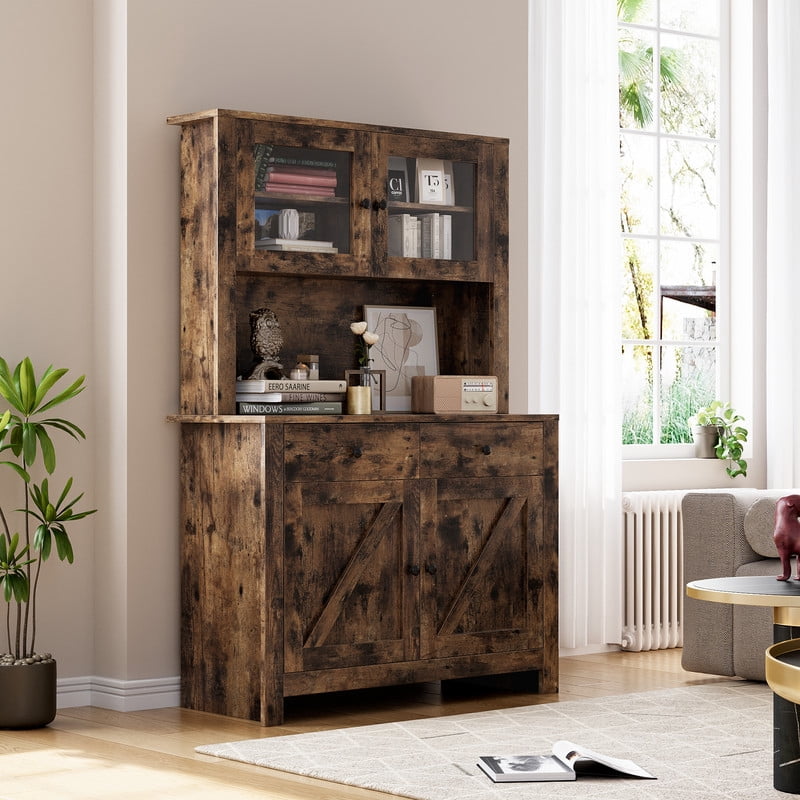 Garvee Kitchen Pantry Cabinet with Microwave Stand, Freestanding Hutch with Buffet Storage, Tall Adjustable Shelves, Brown