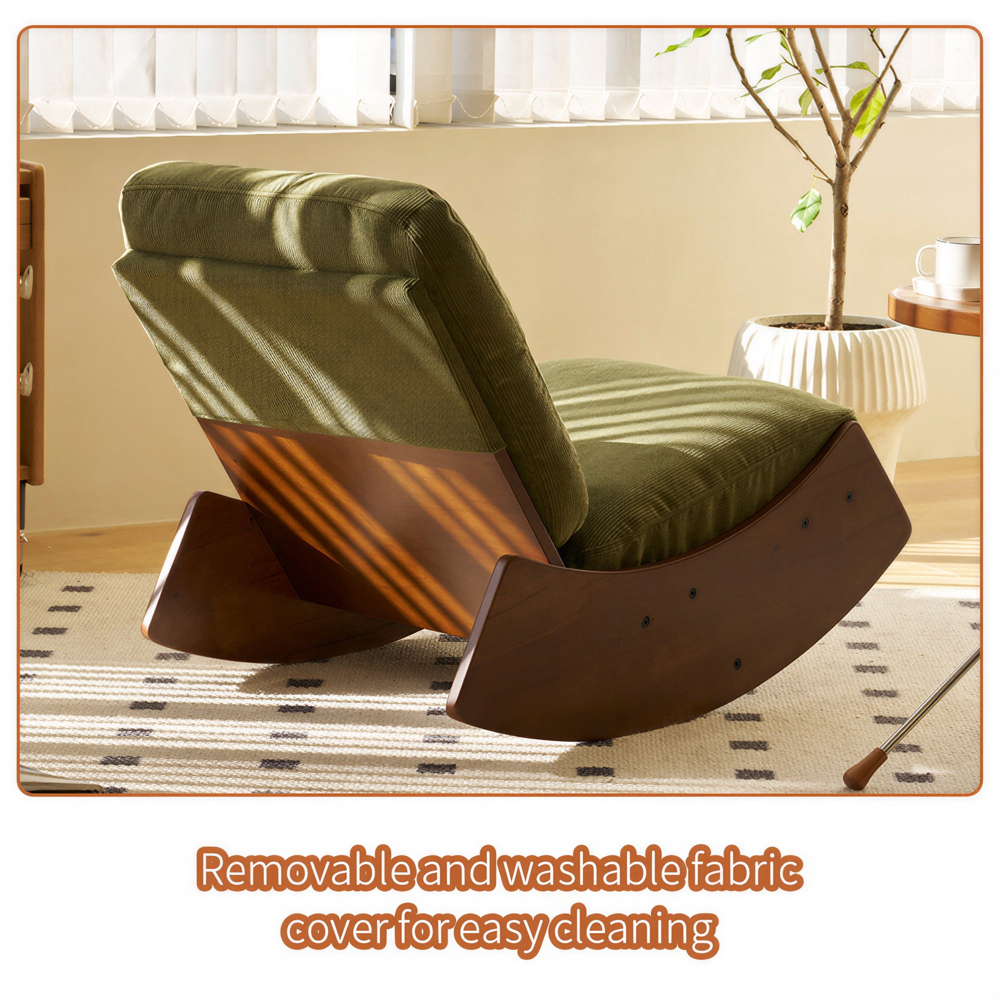 Peispie Upholstered Glider Rocking Chair for Nursery, Corduroy Accent Reading Chair with Solid Wood Frame & Side Pocket, Comfy Modern Lounge Armchair for Living Room Bedroom, 300 LBS, Green