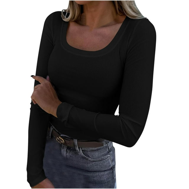 FAIWAD Haut Court en Tricot à Manches Longues pour Femme, Col Rond, Basique Automne Hiver, Ajusté, Extensible, Côtelé