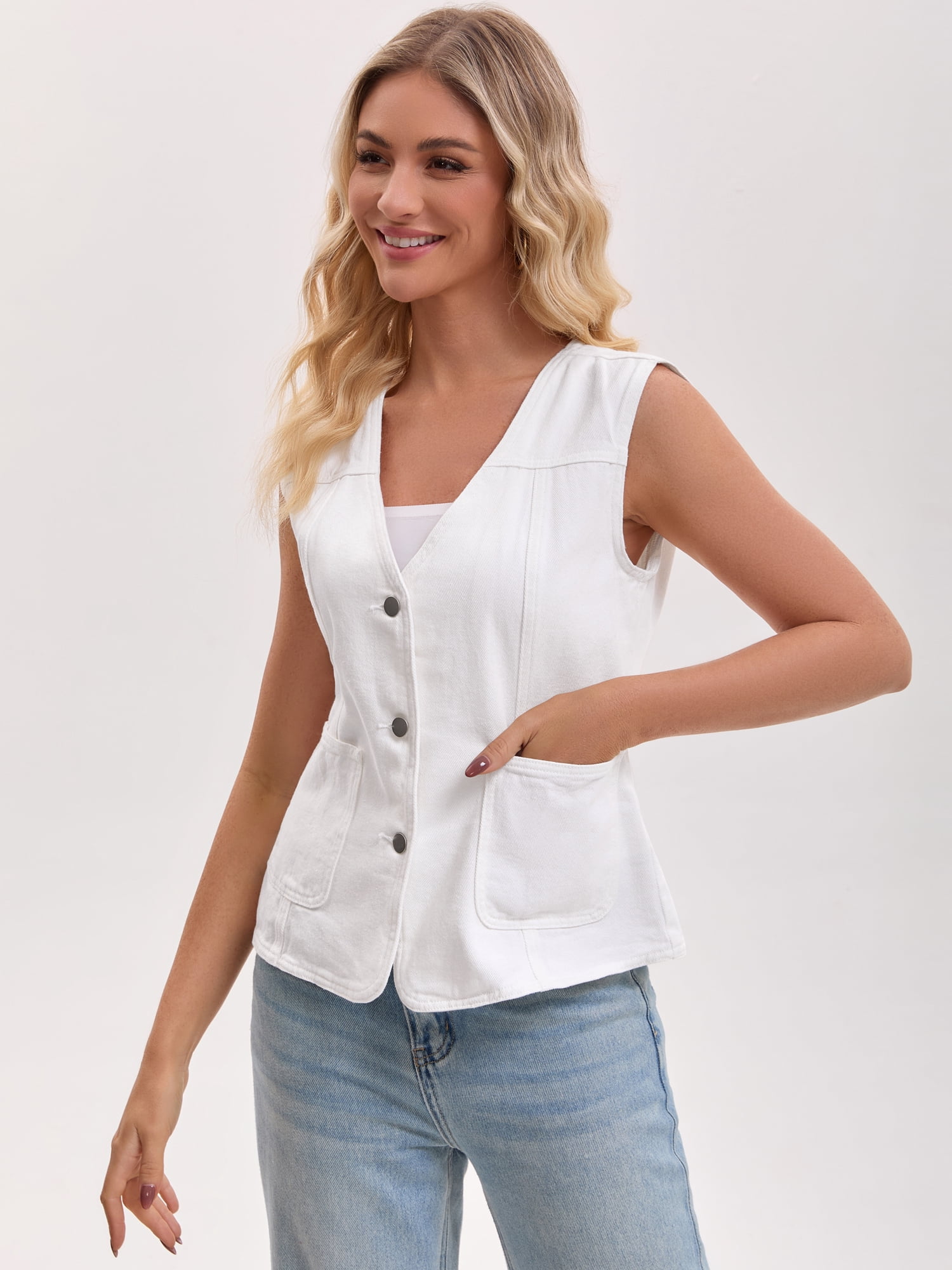 DARING DIVA Women's V Neck Patch Pockets Button Down Sleeveless Jacket XL White
