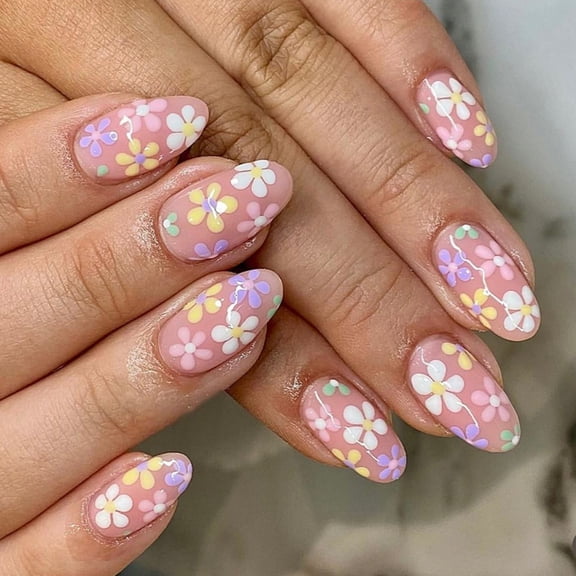 Huhudde 24Pcs Almond Fake Nails Press On Nails Artificial Nails False Nails Glues On Nails Flower Designs French Nails Tips