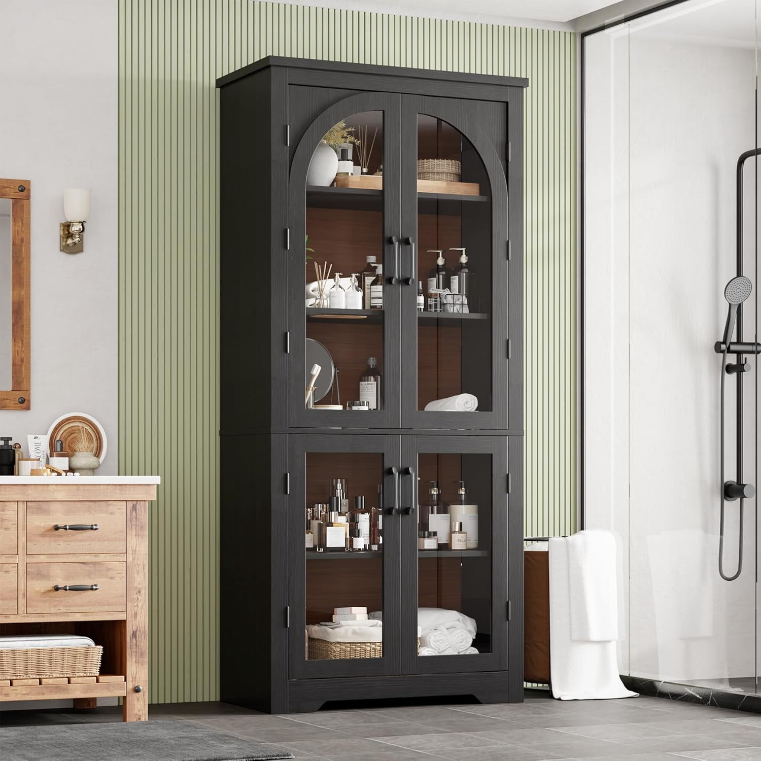 70" Tall Kitchen Pantry Storage Cabinet with Glass Doors, Farmhouse Cupboard with Adjustable Shelves, Freestanding Food Pantry for Kitchen, Dining, Living Room